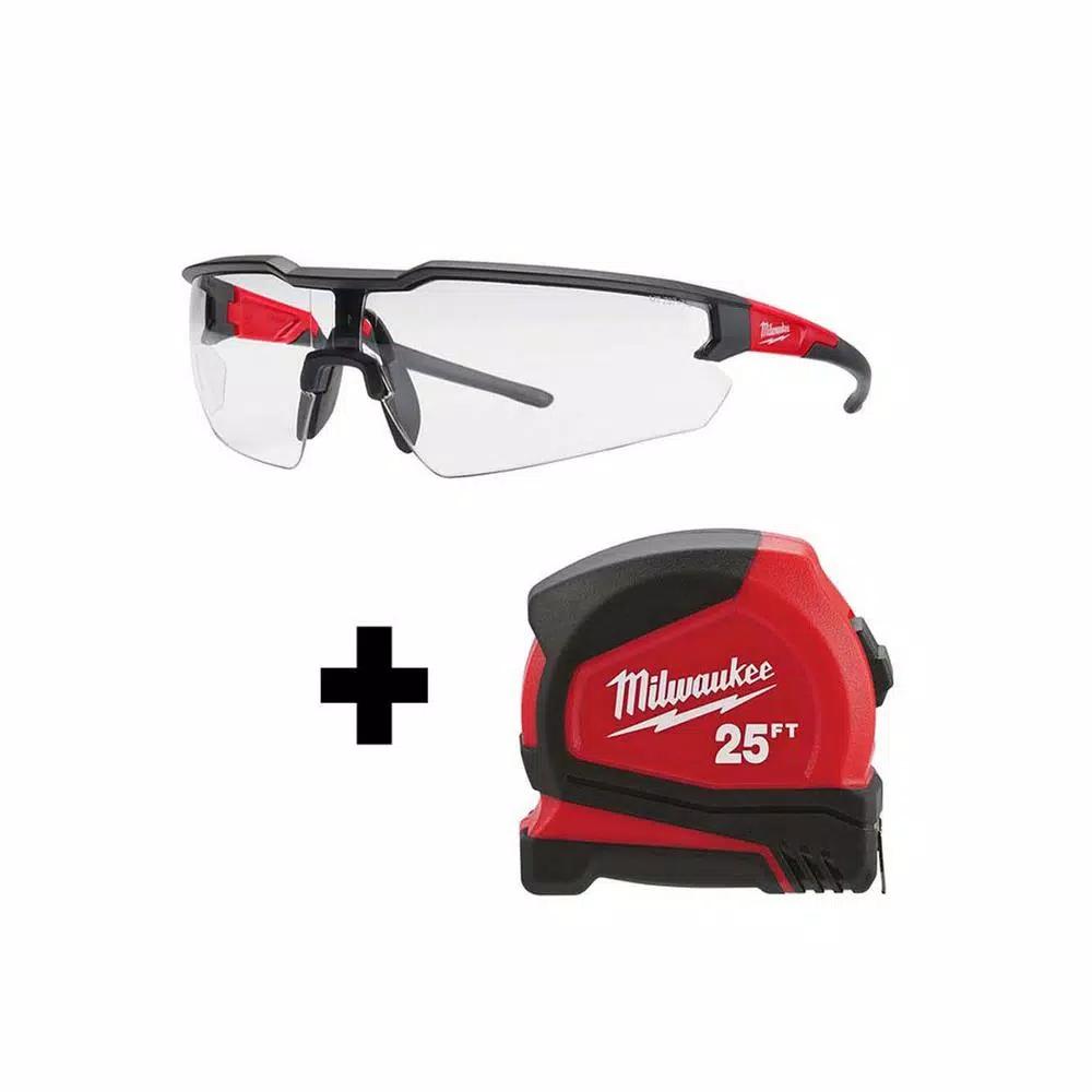 Milwaukee 25 ft. Compact Tape Measure and Safety Glasses Bundle with Clear Lenses