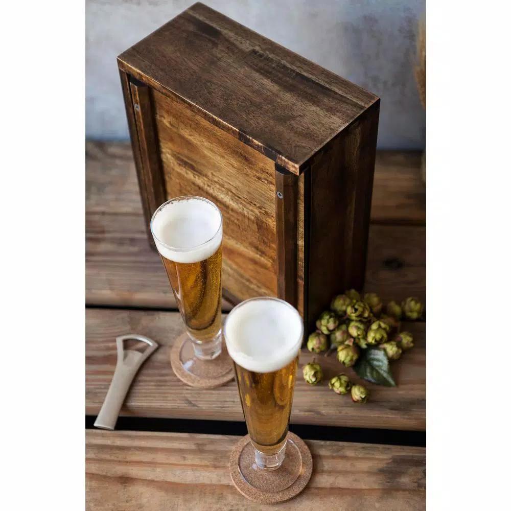 Legacy Pilsner Beer Gift Set with Acacia Wood Case, 2 Glasses, Cork Coasters, and Bottle Opener