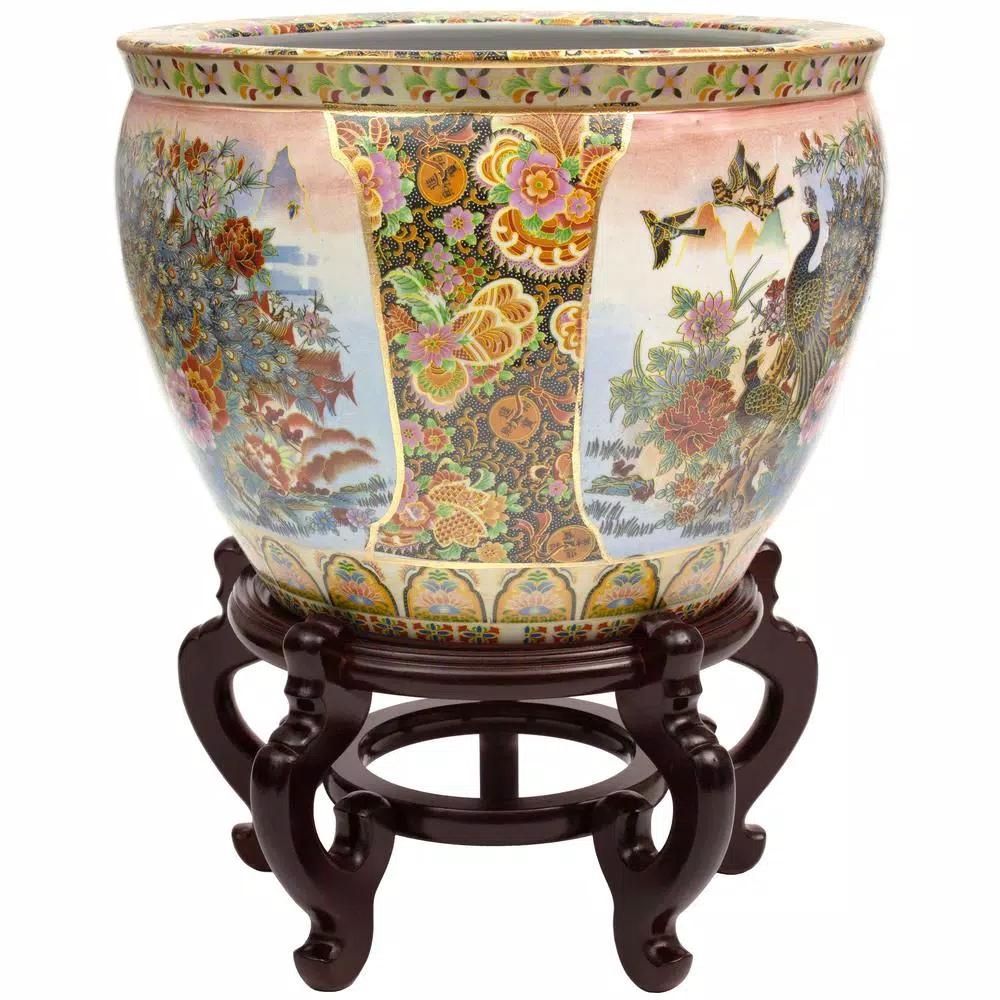 Unbranded Oriental Furniture 12 in. Famille Rose Porcelain Fishbowl with Hand-Painted Satsuma Design