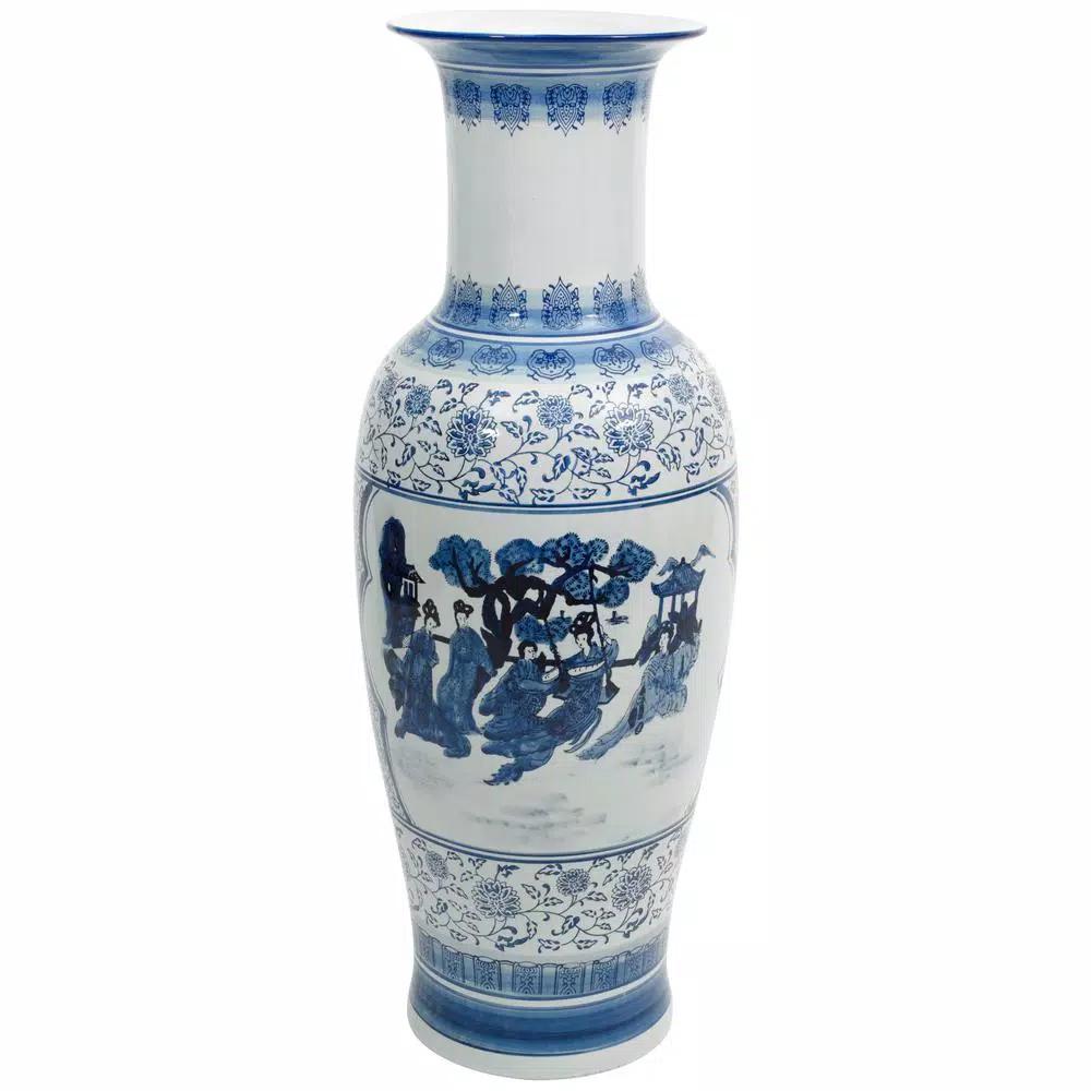 Unbranded Oriental Furniture 35 in. Blue and White Porcelain Tung Chi Floor Vase