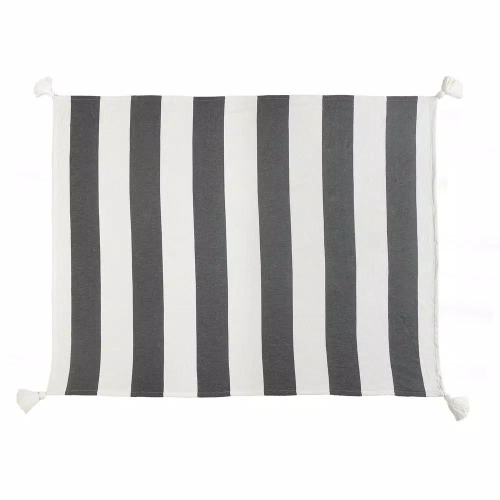 LR Home Metty Charcoal and Ivory Bold Striped Tasseled Cotton Throw Blanket