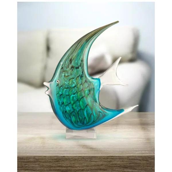 Dale Tiffany 16 in. Aqua Fish Handcrafted Irregular Art Glass Figurine - Multi-Colored Tropical Angelfish Sculpture