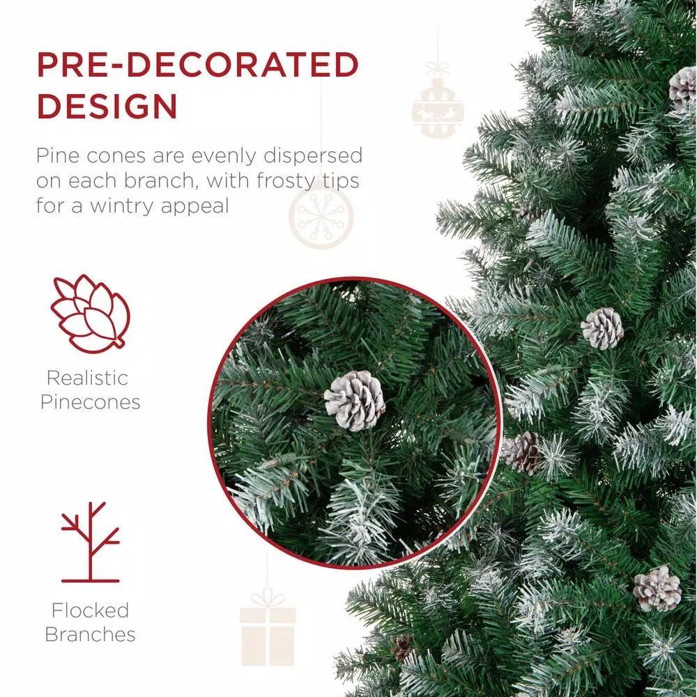 Best Choice Products 9 ft. Unlit Flocked Virginia Pine Artificial Christmas Tree with Pine Cones and Holly Berries