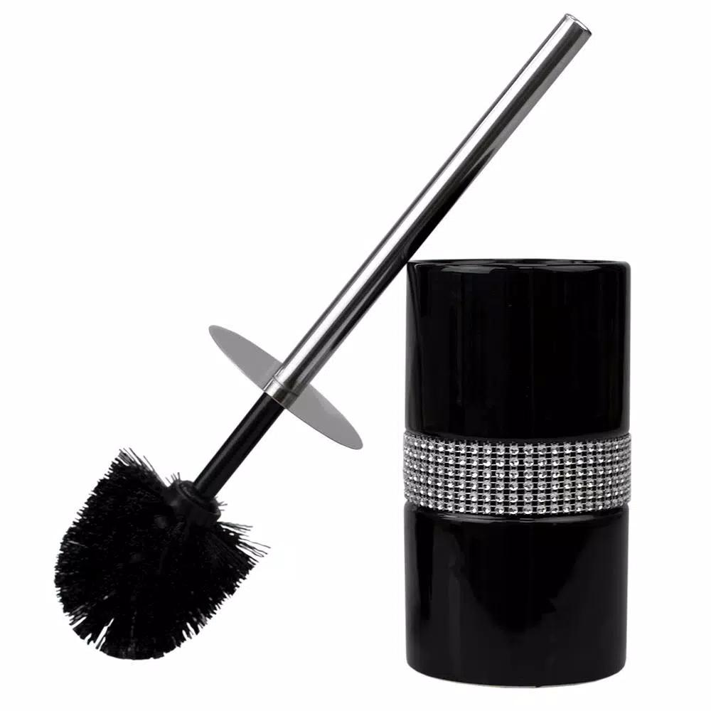 Unbranded Black Ceramic Luxury Toilet Brush Holder with Sequin Accents and Stainless Steel Handle