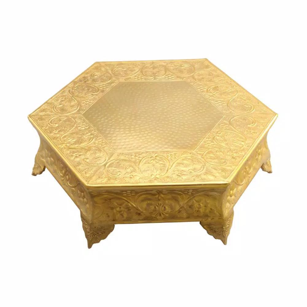 Benzara 14 in. Gold Hexagonal Metal Wedding Cake Stand with Hammered Center