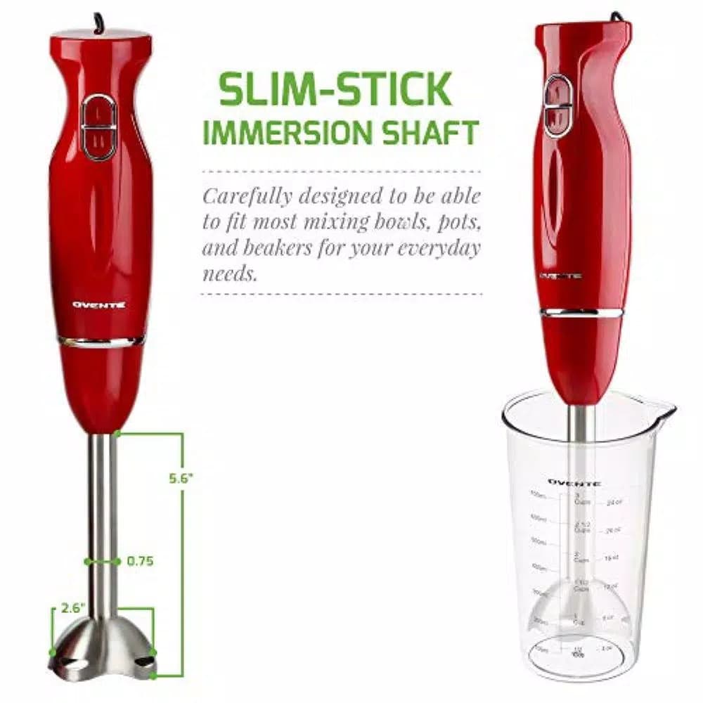 Ovente HS565 300W Immersion Blender Set with Chopper, Whisk, and 24 oz. Beaker - Red