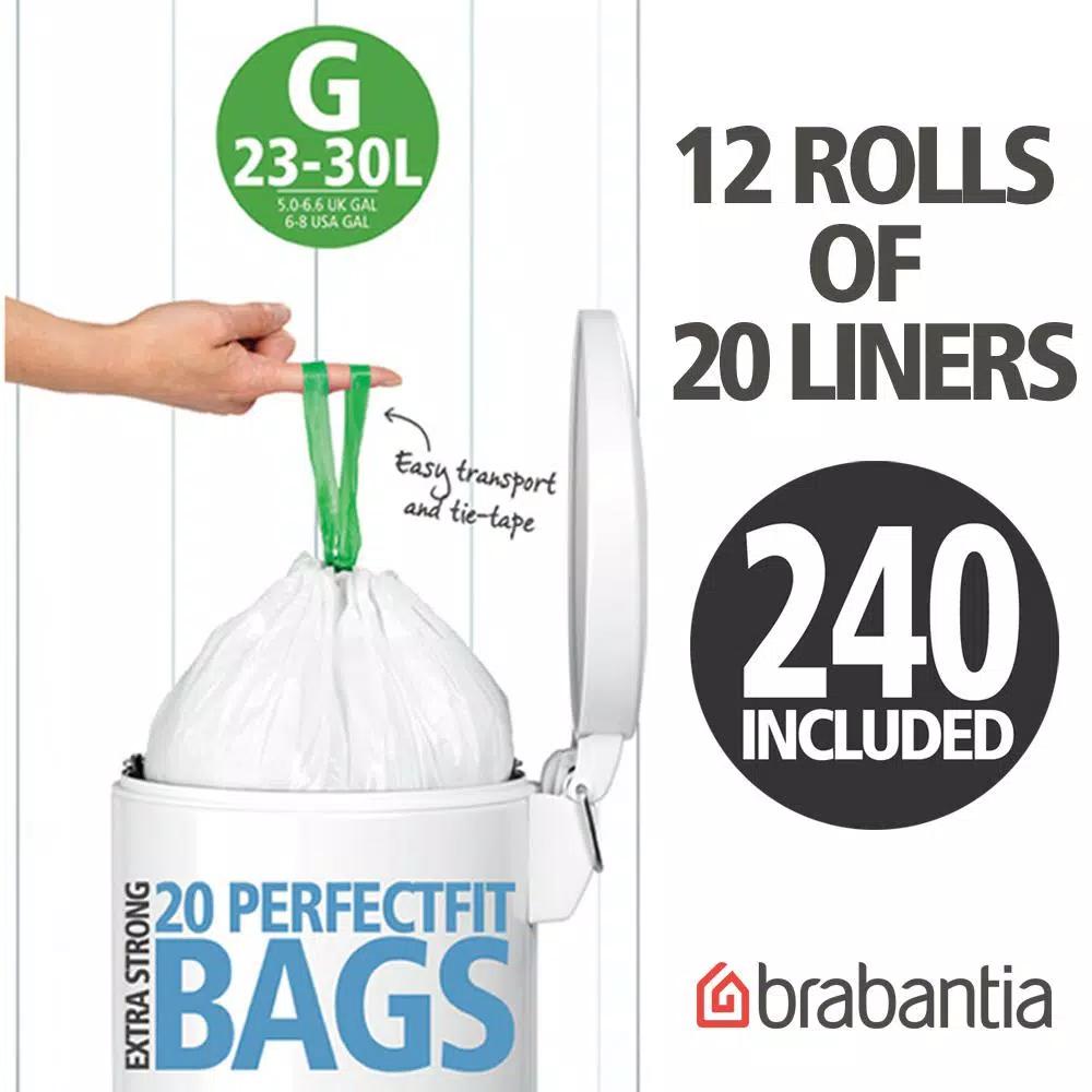 Brabantia Code G Trash Can Liners, 8 Gal. (23L-30L), 240 Count (12 Packs of 20)