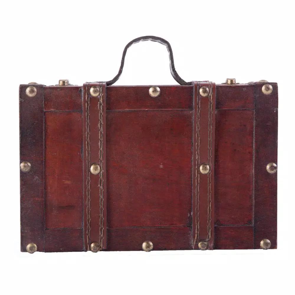 Vintiquewise Antique Style Small Wooden Suitcase Decorative Box with Leather Straps and Cherry Finish