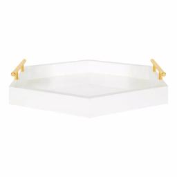 Kate and Laurel Lipton White Glossy Decorative Hexagon Tray with Gold Metal Handles thumbnail 2