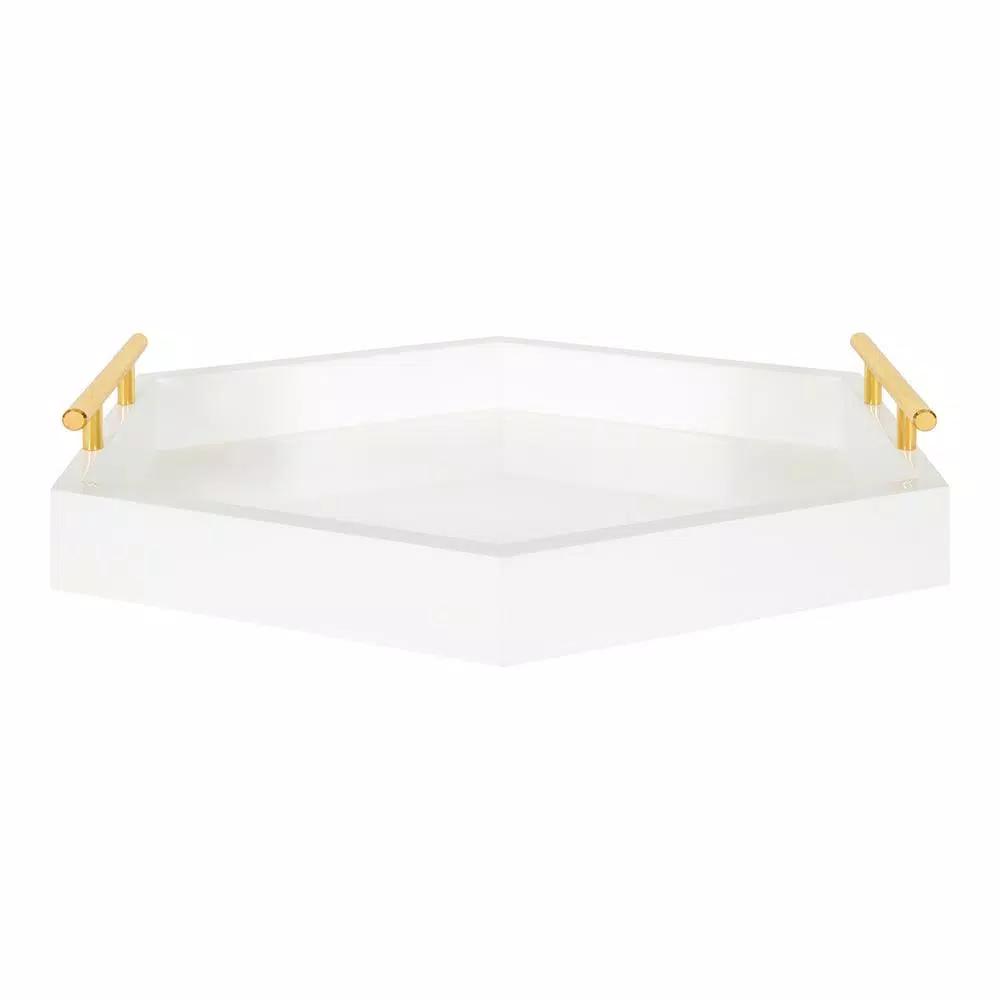 Kate and Laurel Lipton White Glossy Decorative Hexagon Tray with Gold Metal Handles