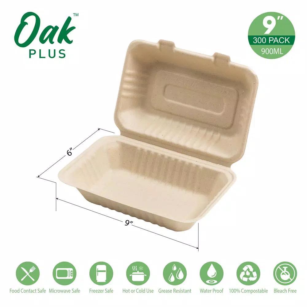 Unbranded 9 in. Natural Sugarcane Clamshell Containers, Biodegradable & Compostable (300 Pack)
