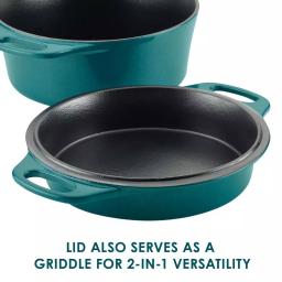 Rachael Ray 4 qt. Cast Iron Casserole Dish with 10 in. Griddle Lid, Teal Shimmer thumbnail 3