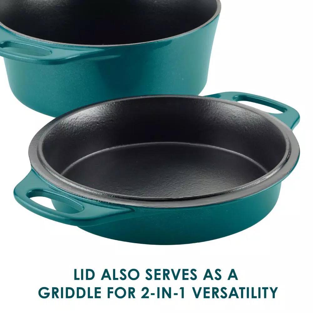 Rachael Ray 4 qt. Cast Iron Casserole Dish with 10 in. Griddle Lid, Teal Shimmer