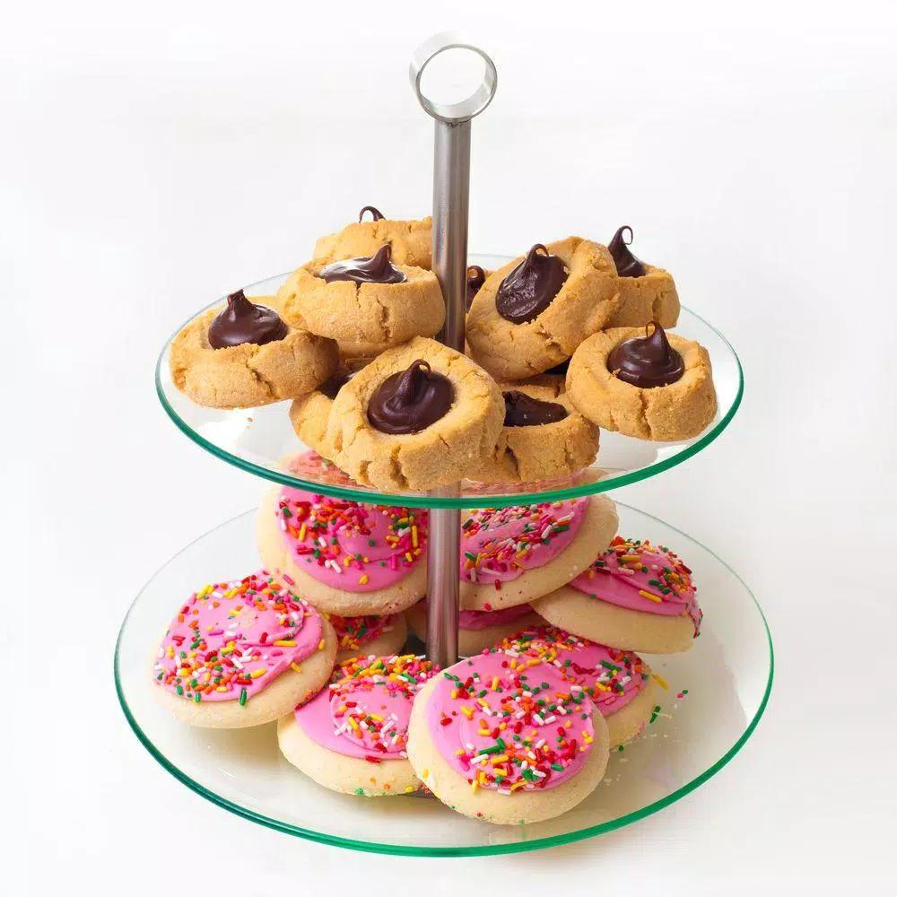 Chef Buddy 2-Tier Round Glass Buffet and Dessert Stand with Stainless Steel Base