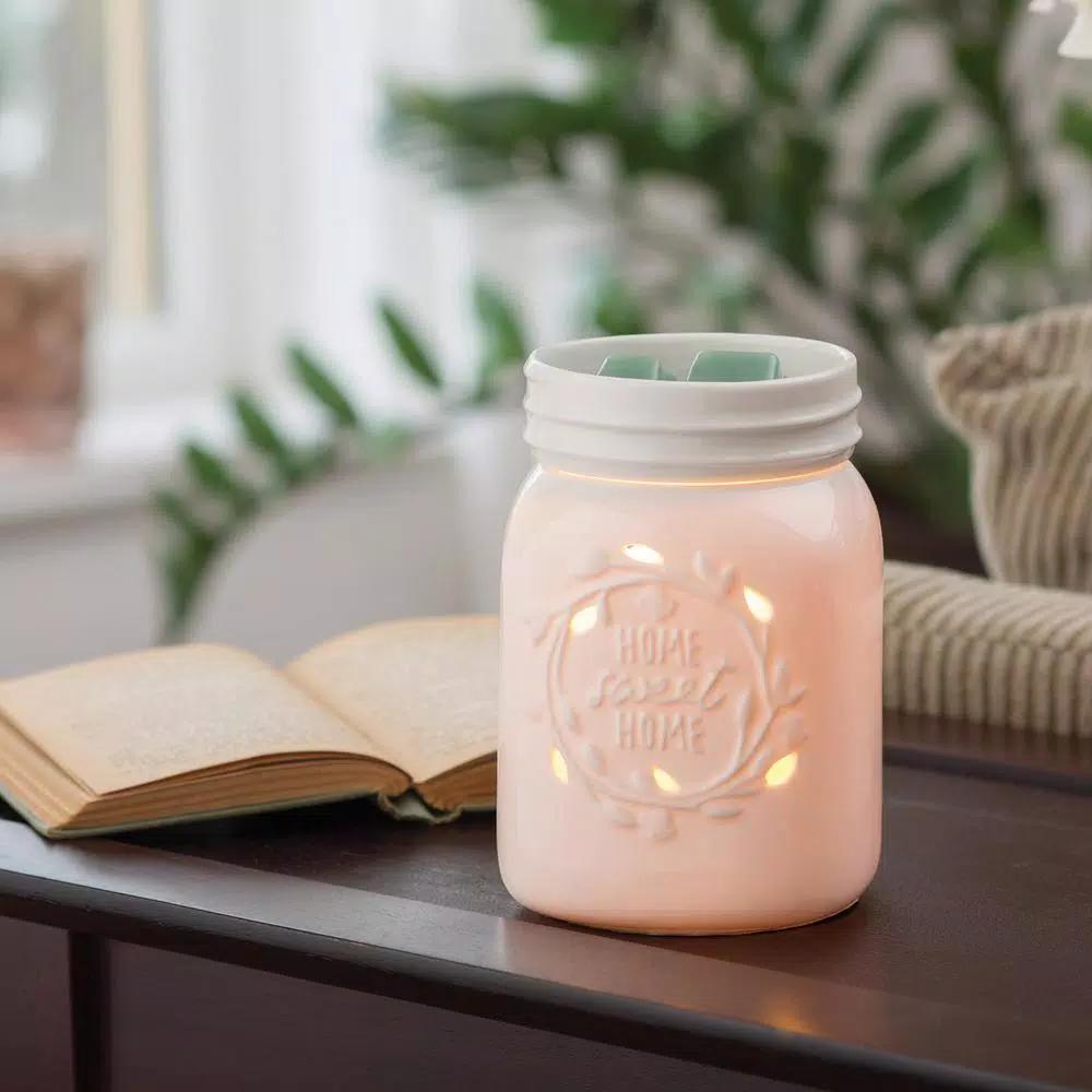 Candle Warmers Etc 8.8 in. White Mason Jar Porcelain Fragrance Warmer with 'Home Sweet Home' Design