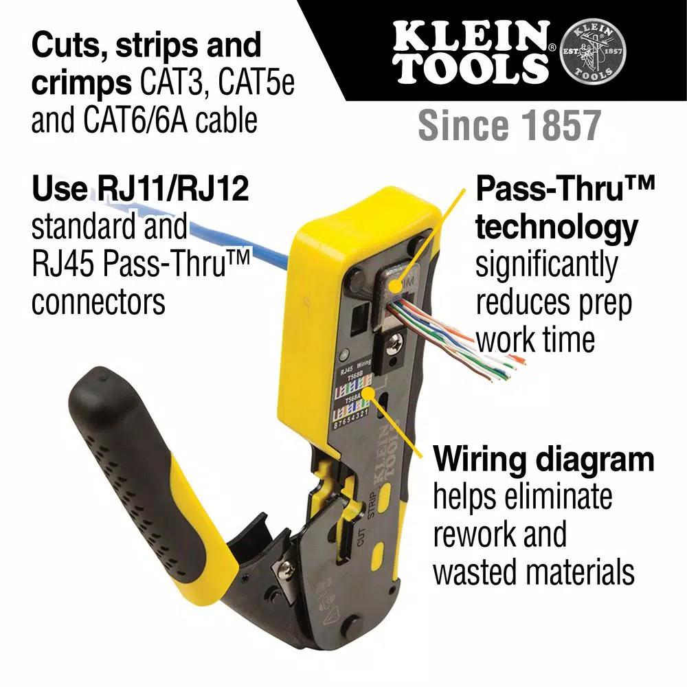 Klein Tools CAT6 Pass-Thru Modular Crimper, Radial Stripper, and 20-Pack Connector Set