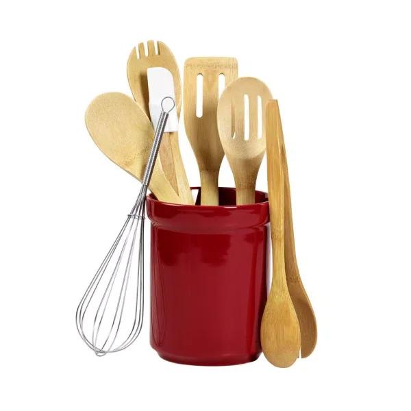 Basic Essentials 8-Piece Red Ceramic Kitchen Utensil Set with Bamboo Utensils and Storage Crock
