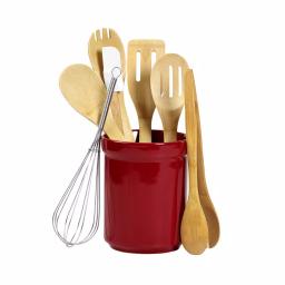 Basic Essentials 8-Piece Red Ceramic Kitchen Utensil Set with Bamboo Utensils and Storage Crock thumbnail 1