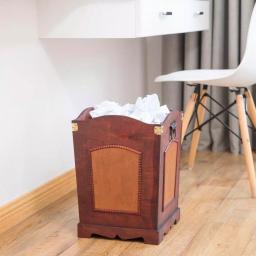 Vintiquewise Rustic Cherry Wood Decorative Trash Bin with Faux Leather Accents and Handles thumbnail 2