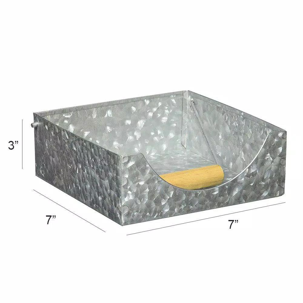 Benzara Galvanized Steel Napkin Holder with Folding Wooden Handle - Gray Vintage Style