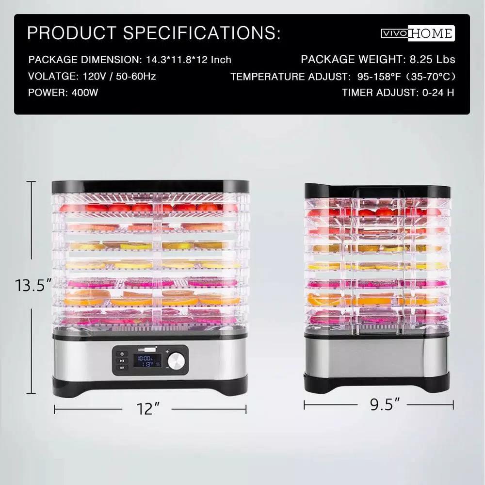 VIVOHOME 8-Tray Stainless Steel Food Dehydrator with Digital Timer and Temperature Control