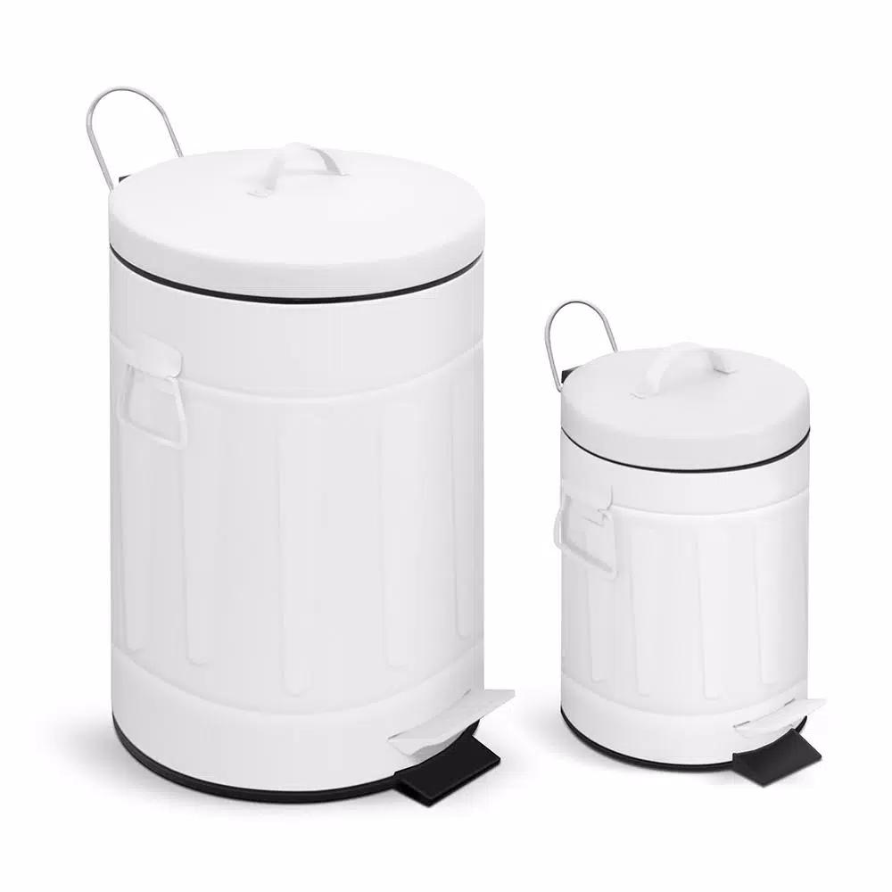 Innovaze New York Style Round White Metal Step-On Trash Can Set, 12L and 3L Capacity