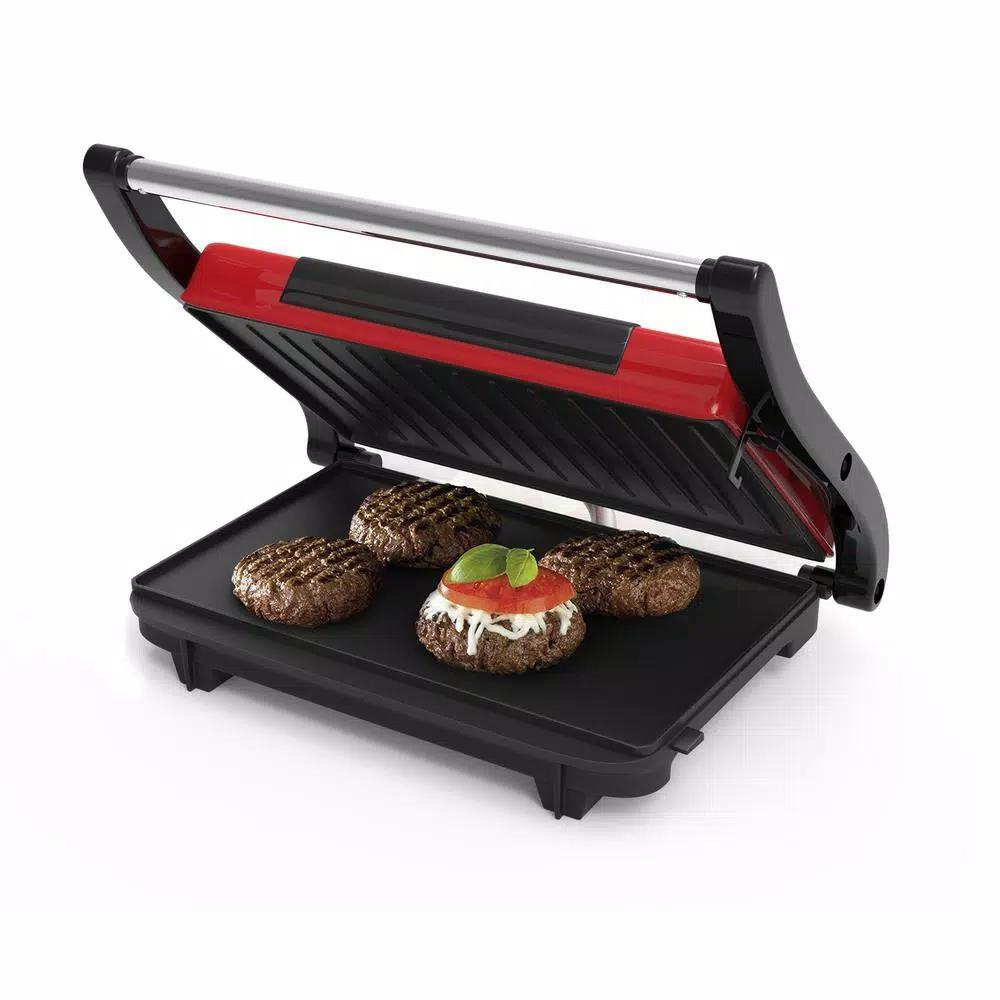Chef Buddy 760W Red Non-Stick Panini Press and Countertop Grill