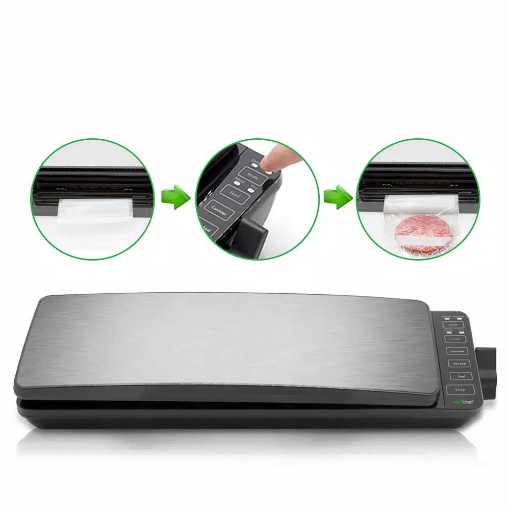 NutriChef Stainless Steel Electric Vacuum Sealer with Reusable Bags and Roll