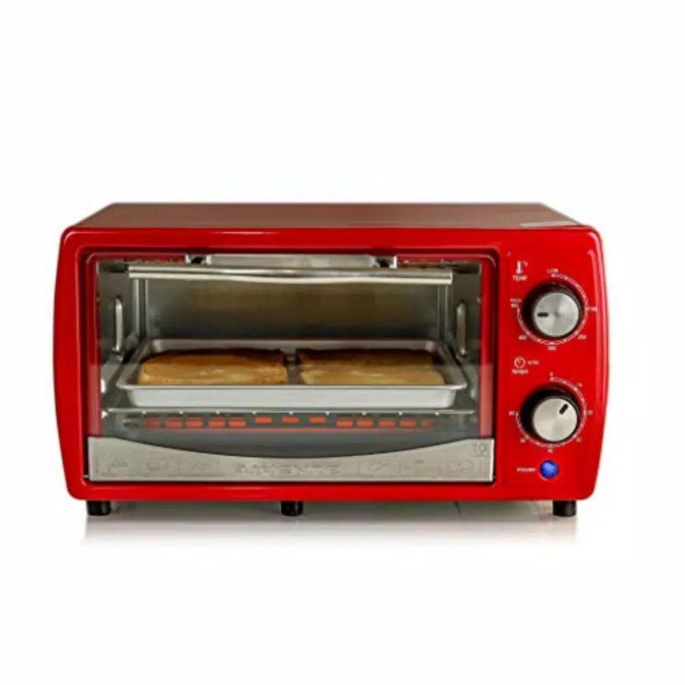 Ovente 700W 4-Slice Electric Toaster Oven with 9.5L Capacity, Timer, and Tempered Glass Door - Red