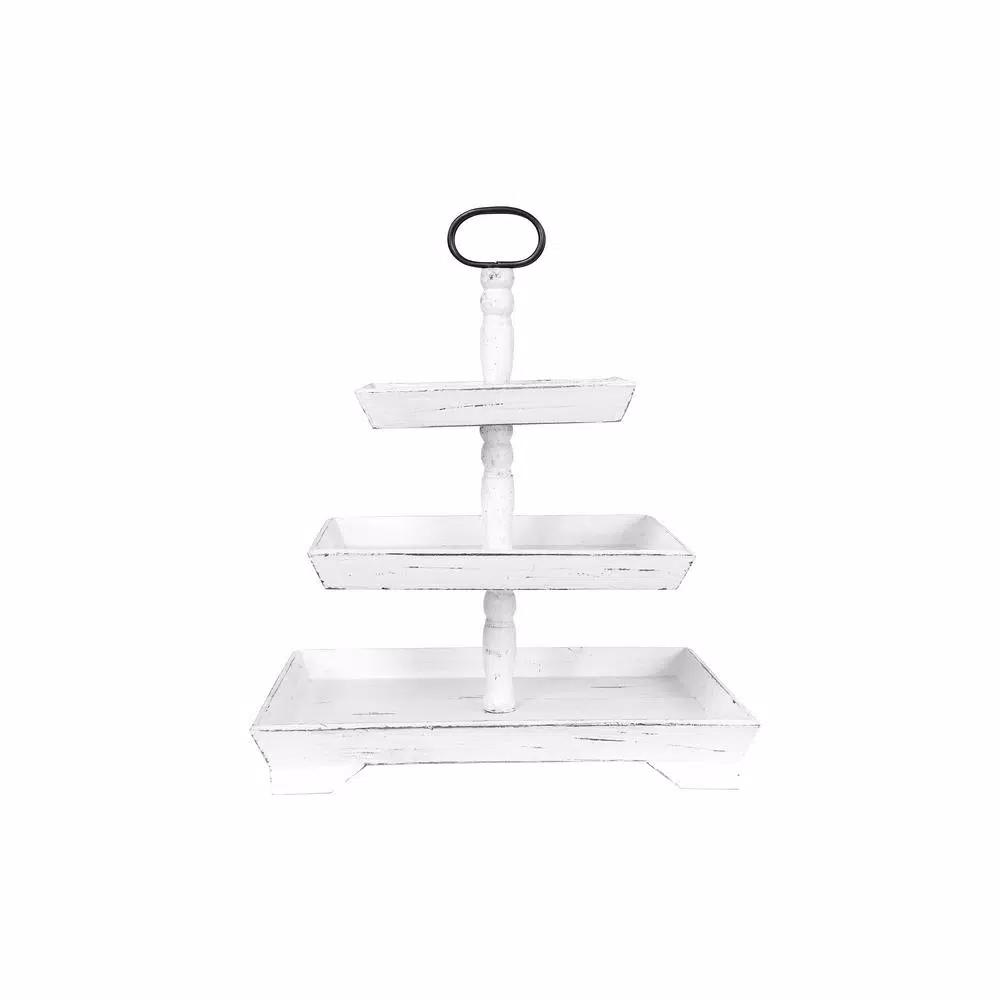 3R Studios White Decorative 3-Tier Tray - Rustic Distressed Wood and Metal Design