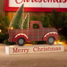 Glitzhome Merry Christmas Red Truck Wooden Table Decor with Christmas Trees thumbnail 7