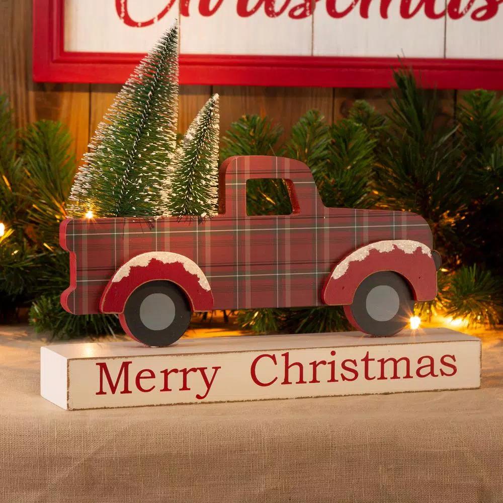 Glitzhome Merry Christmas Red Truck Wooden Table Decor with Christmas Trees