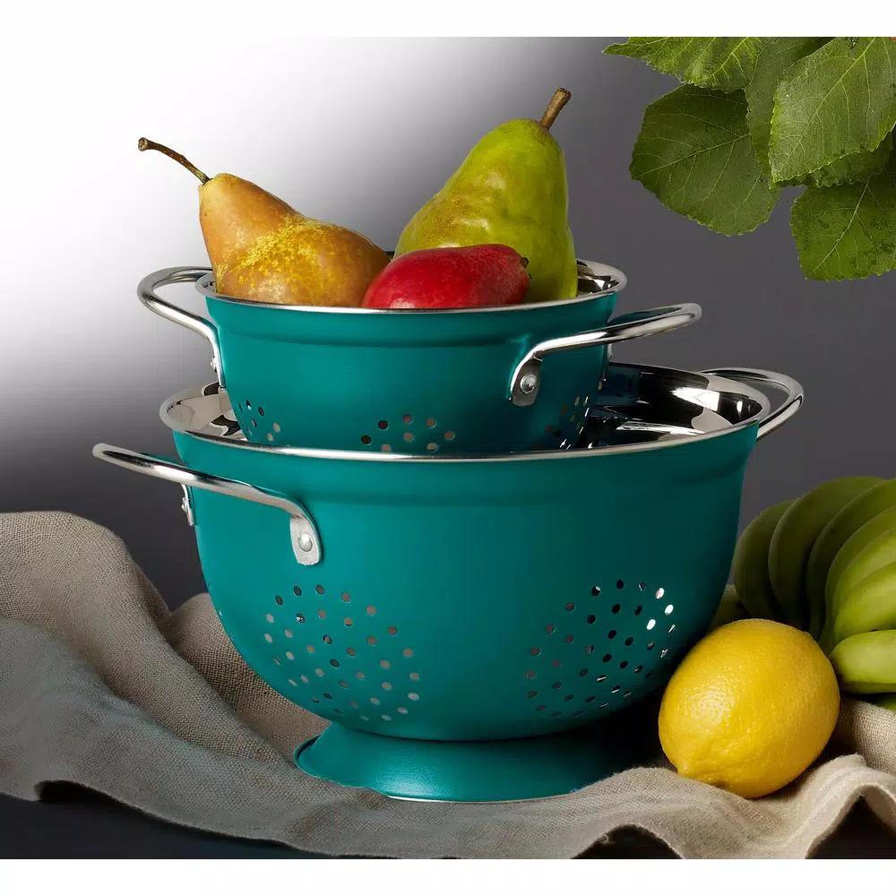 Denmark Teal Stainless Steel Colander Set, 2-Piece Nesting Kitchen Strainers