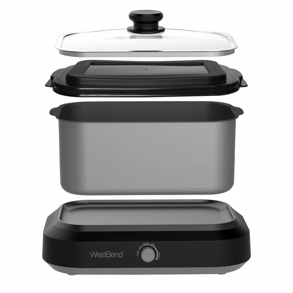 West Bend 6 Qt. Silver Non-Stick Versatility Slow Cooker with Griddle Base, Travel Lid, and Thermal Tote
