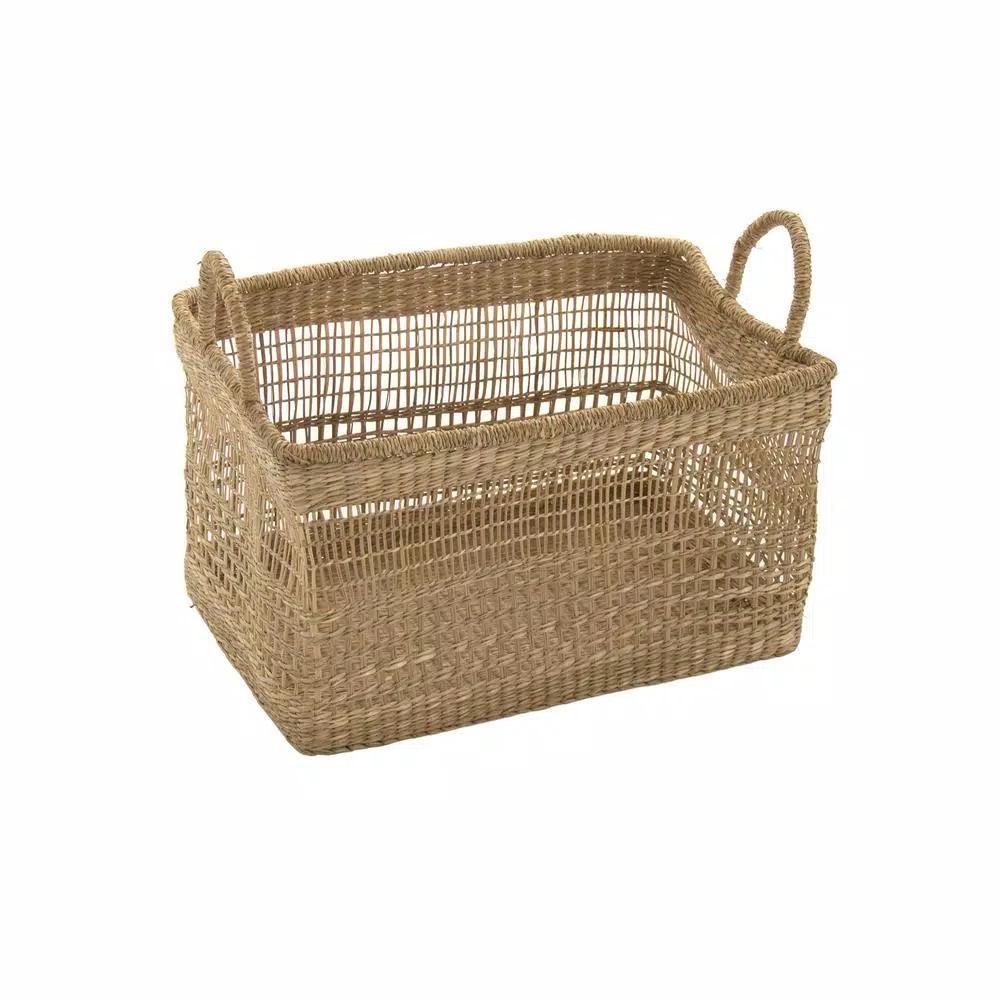 Zentique Handmade Rectangular Seagrass Woven Wicker Basket with Handles, Brown