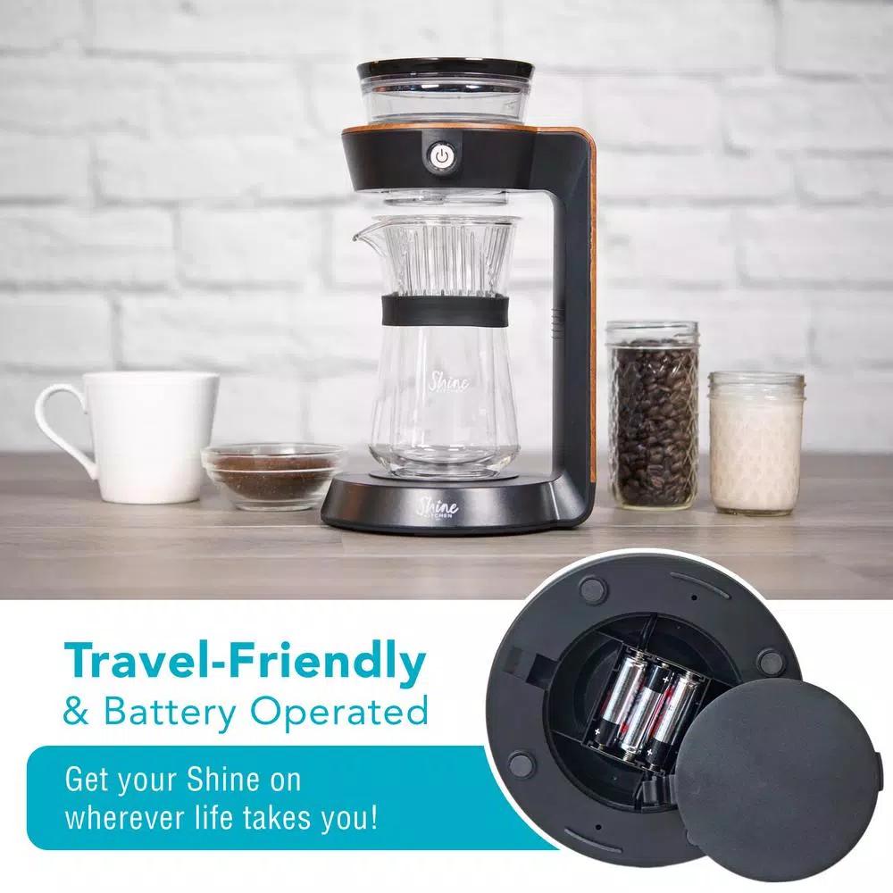 TRIBEST Shine Automatic Pour Over Coffee Machine with 2-Cup Double Wall Glass Carafe, Black with Wood Finish