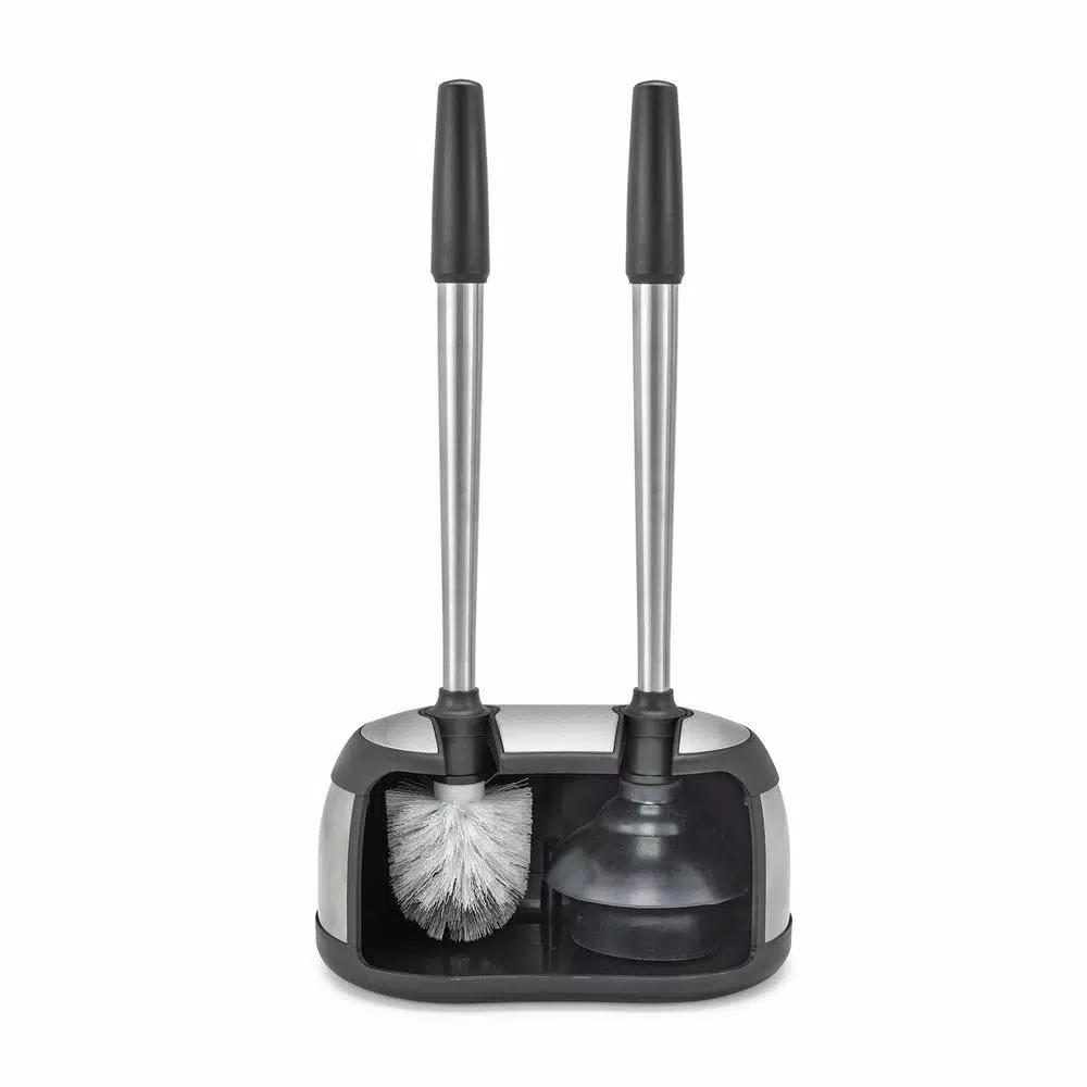 Polder Dual Bath Caddy Toilet Brush and Plunger Set with Stainless Steel Handles - Black
