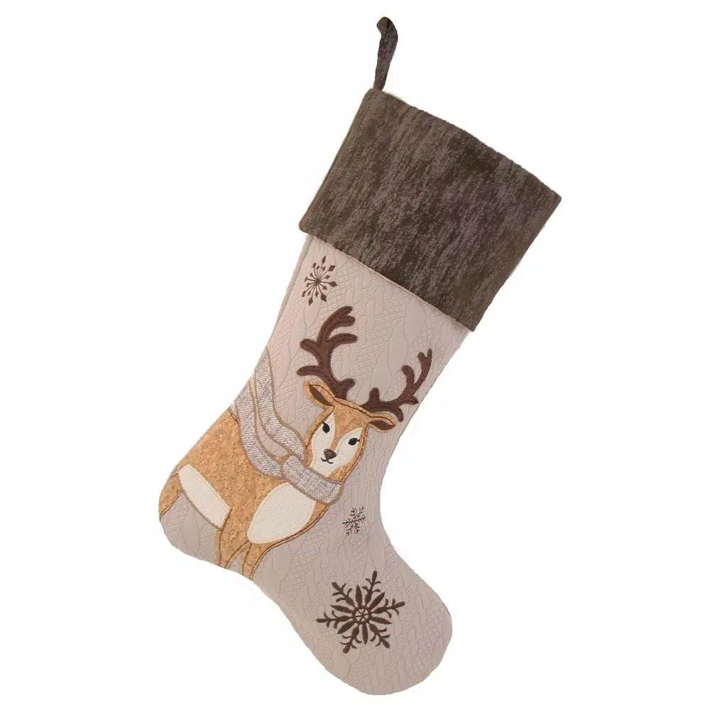Manor Luxe Xia Home Fashions 20 in. Cozy Reindeer Christmas Stocking, Taupe Sweater Texture