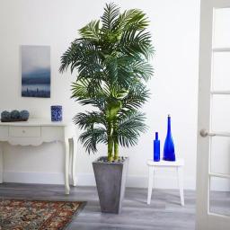Nearly Natural 7 ft. Golden Cane Artificial Palm Tree with Cement Planter and River Rocks thumbnail 2