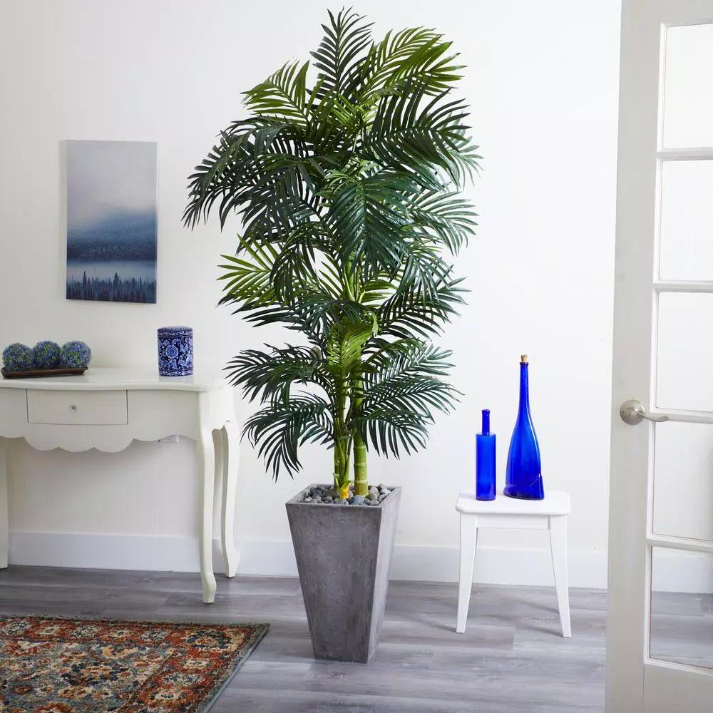 Nearly Natural 7 ft. Golden Cane Artificial Palm Tree with Cement Planter and River Rocks