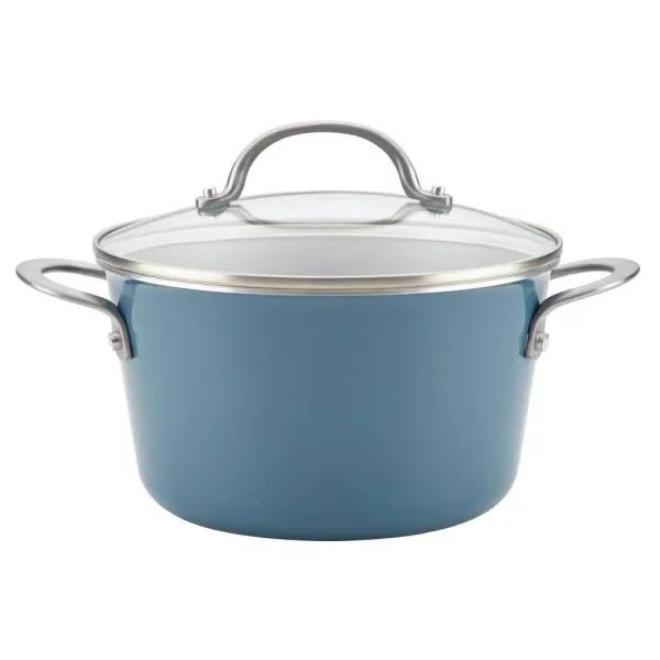 Ayesha Curry Home Collection 4.5 Qt. Twilight Teal Porcelain Enamel Nonstick Saucepot with Lid