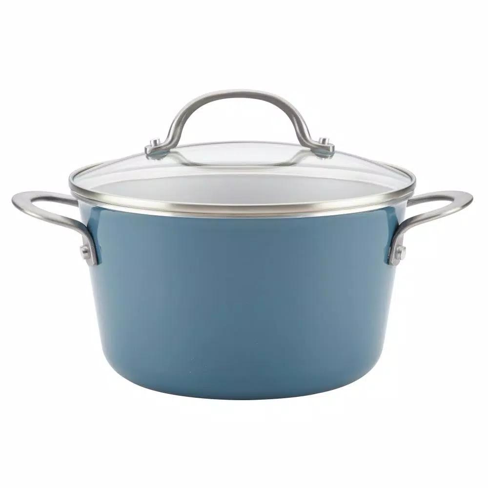Ayesha Curry Home Collection 4.5 Qt. Twilight Teal Porcelain Enamel Nonstick Saucepot with Lid