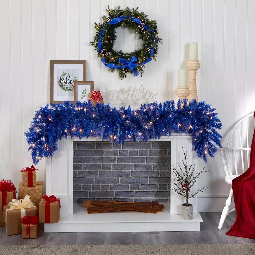 Nearly Natural 6 ft. Blue Flocked Artificial Christmas Garland with 50 Warm White LED Lights