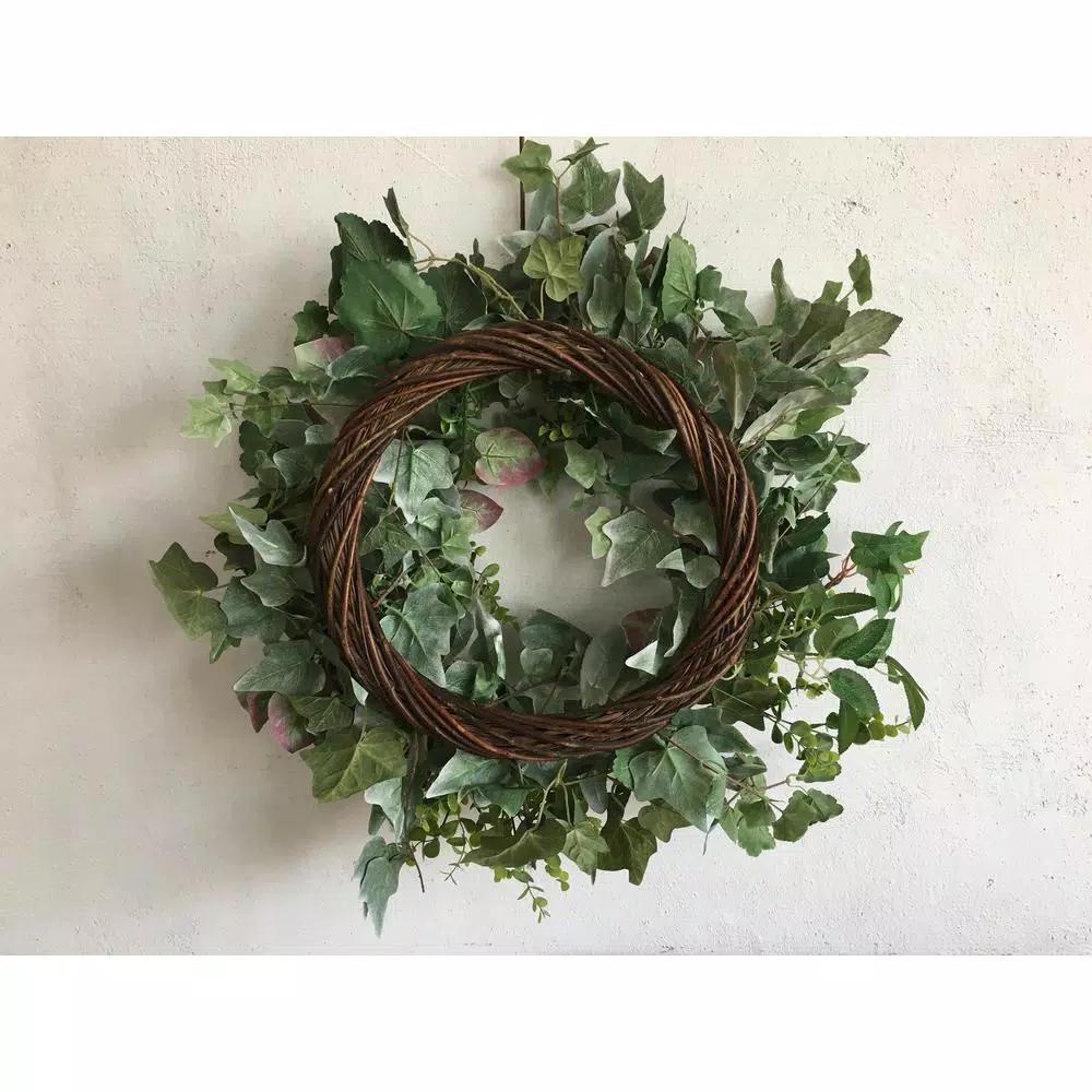 Glitzhome 26 in. Artificial Greenery Wreath with Lambs Ear, Eucalyptus, and Ivy Foliage