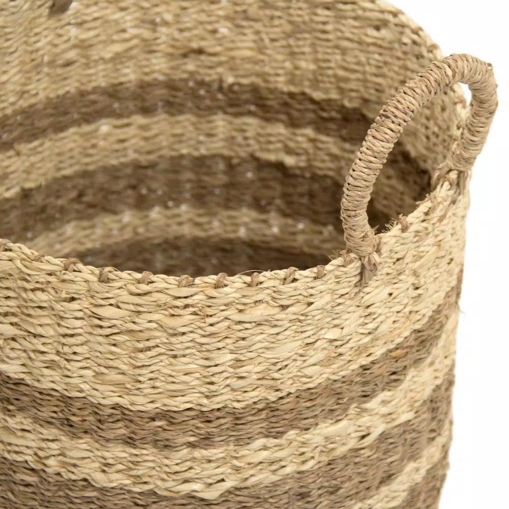 Zentique Handmade Woven Seagrass and Palm Leaf Wicker Basket with Handles, Medium, Beige and Brown Striped