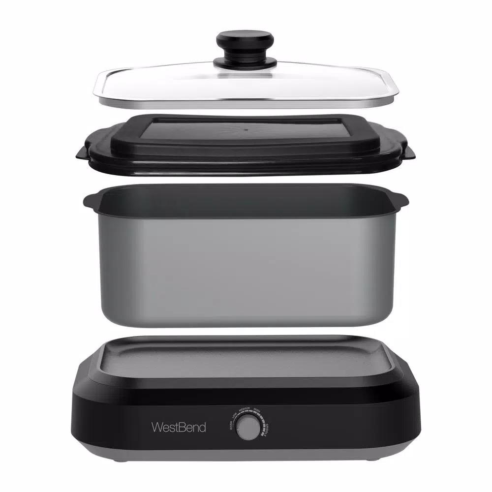 West Bend 5 Qt. Silver Non-Stick Versatility Slow Cooker with Griddle Base, Travel Lid and Thermal Tote