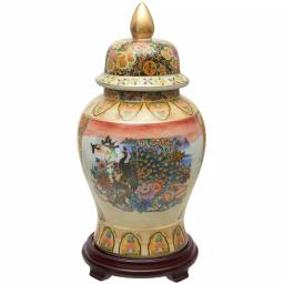Unbranded Oriental Furniture 18 in. Rose Medallion Satsuma Peacock Porcelain Temple Jar thumbnail 6