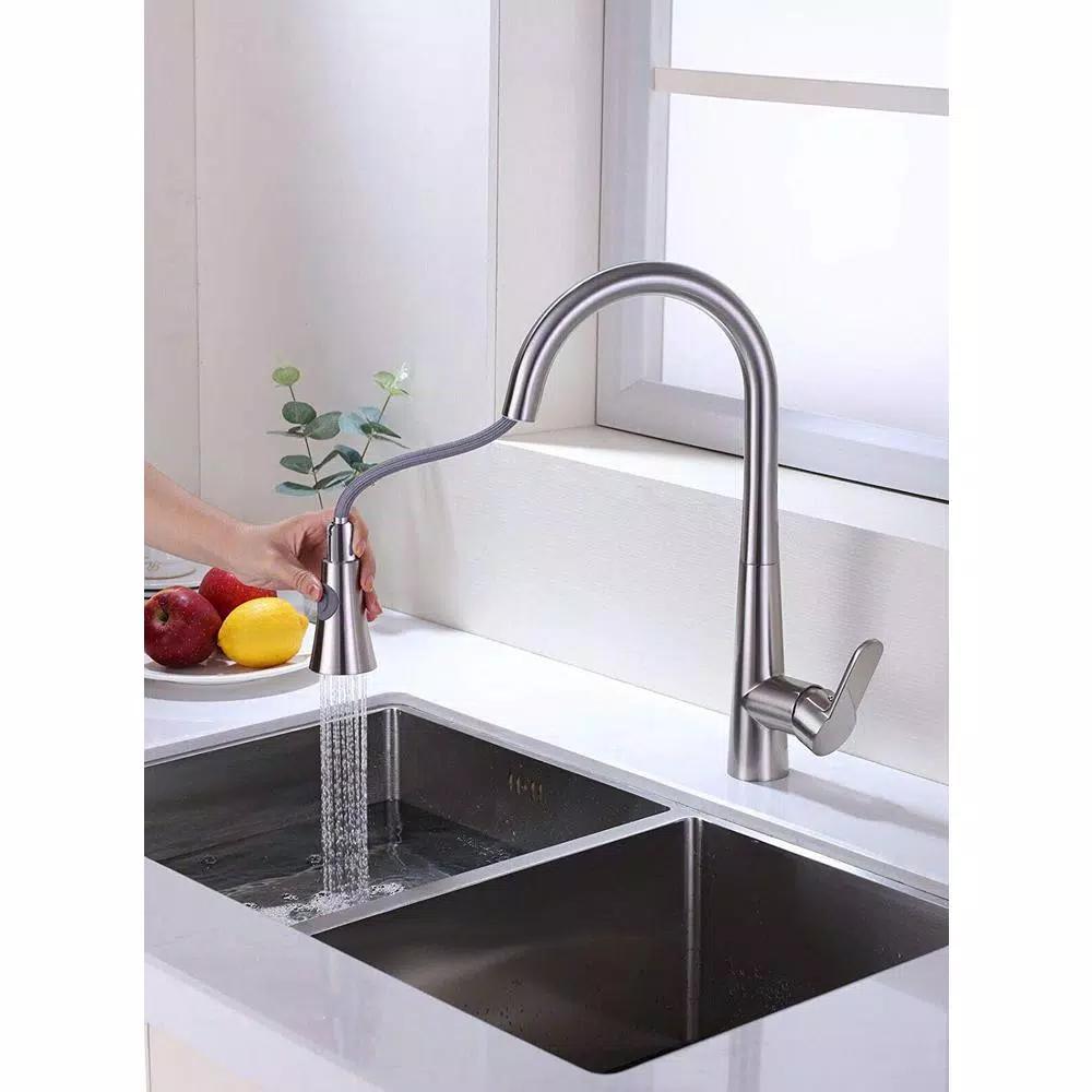Vanity Art Brushed Nickel Single-Handle Pull-Down Kitchen Faucet with Sprayer Wand