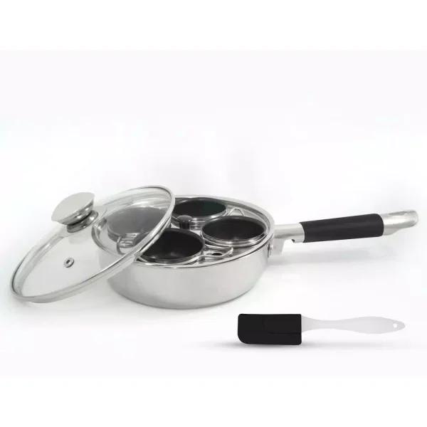 ExcelSteel 4-Cup 18/10 Stainless Steel Egg Poacher with Silicone Grip and Tempered Glass Lid