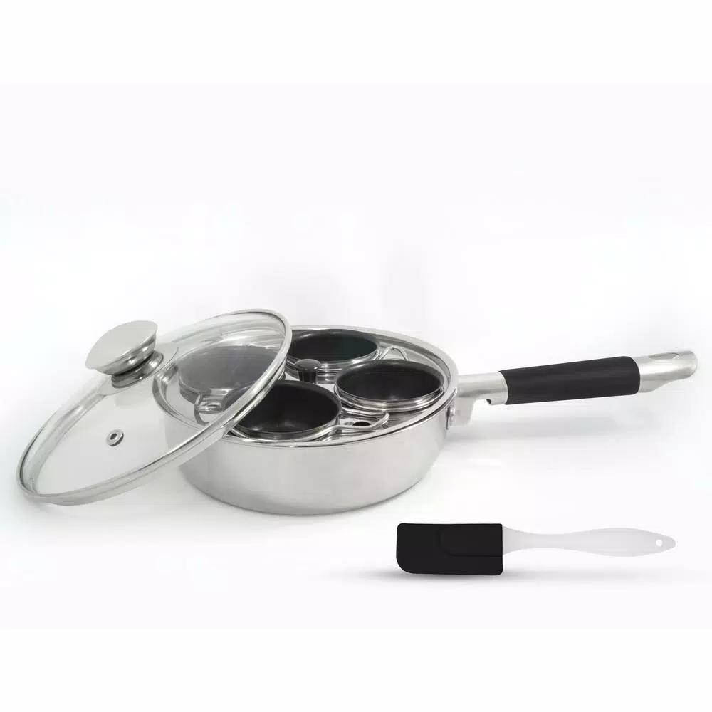 ExcelSteel 4-Cup 18/10 Stainless Steel Egg Poacher with Silicone Grip and Tempered Glass Lid